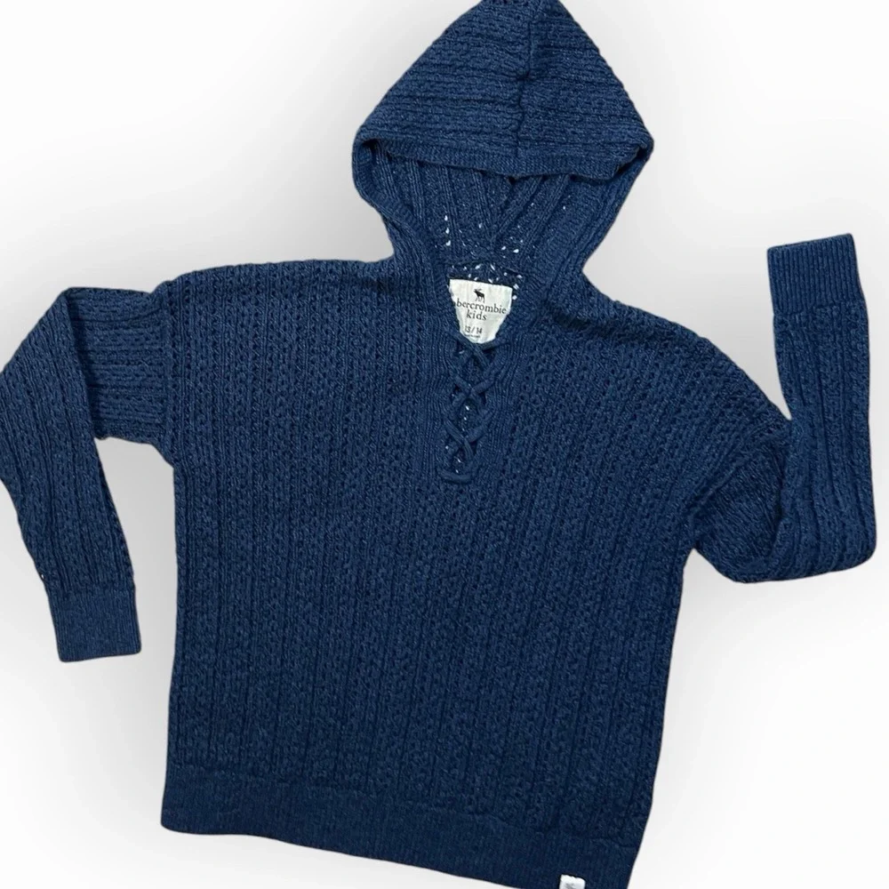 Abercrombie & Fitch Kids Blue Hooded Sweater 13/14 Youth Pullover Weave‎ Lace Up